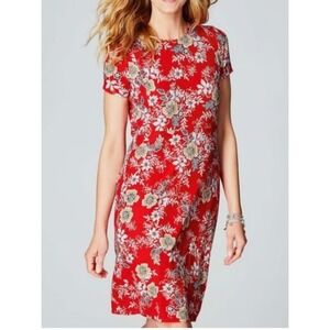 J.Jill Red Floral Jersey Knit Crew‎ Neck Short Sleeve Dress Women's Sz XS Casual